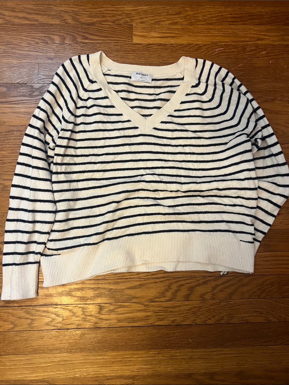 Old Navy Cream and Black Striped V-Neck Lightweight Sweater